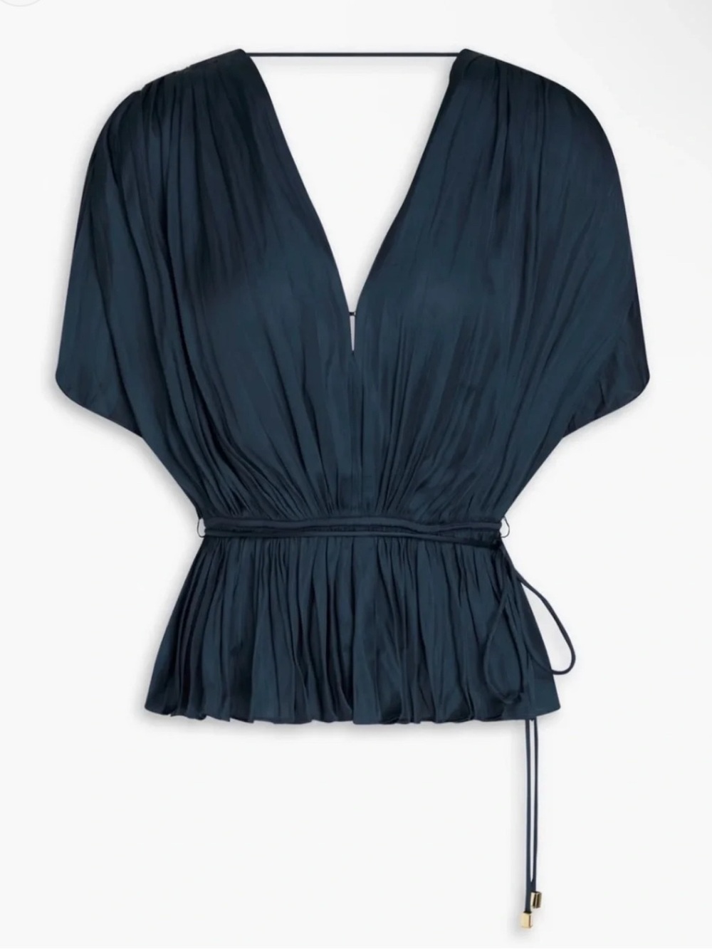 Maje Levilly Navy Pleated V-Neck Waist Tie Blouse